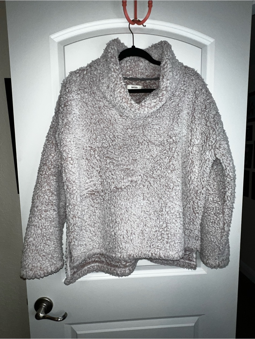 Kensie Plush Cowl Neck Sherpa Pullover - Light Gray